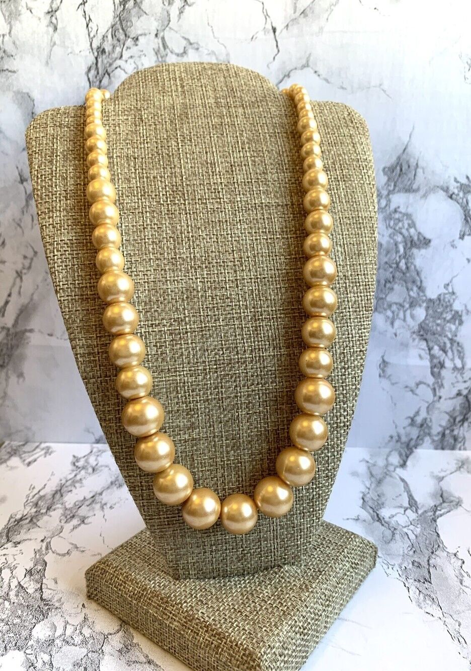 Vintage Graduated Faux Pearl Necklace Creamy Golden Tone Statement 90's Chic 16"